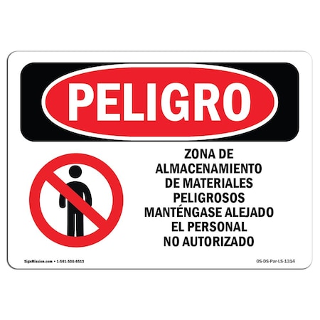 OSHA Danger Sign, Hazardous Material Storage Spanish, 24in X 18in Rigid Plastic